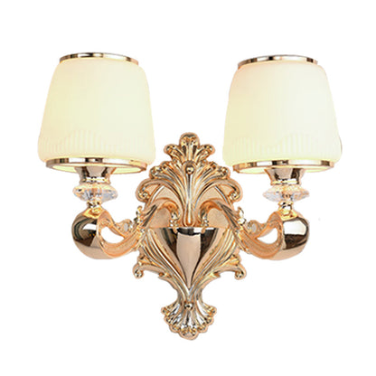 Vivolux | Barrel Opal Glas Wandlamp Klassiek 1/2-Licht Woonkamer Wandverlichting Armatuur met Gebogen Arm in Messing