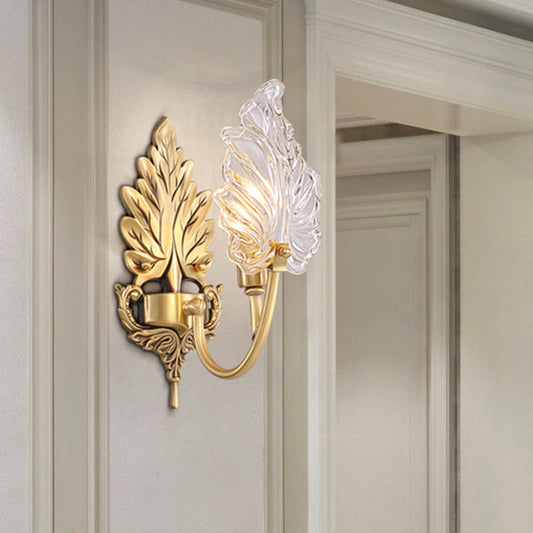 Vivolux | Traditionelle Palmblatt Wandleuchte 1/2 Lichter Klarglas Wandbeleuchtung Idee mit gewölbtem Arm aus Messing