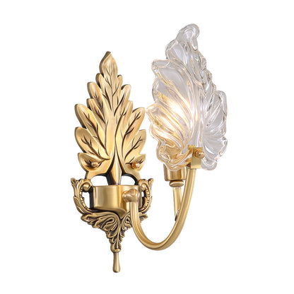 Vivolux | Traditionelle Palmblatt Wandleuchte 1/2 Lichter Klarglas Wandbeleuchtung Idee mit gewölbtem Arm aus Messing