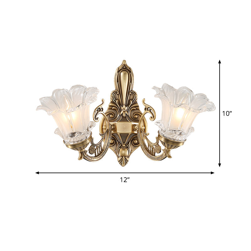 Vivolux | 1/2-Head Floral Wandlamp Vintage Messing Duidelijk Gevlokt Glas Gebogen Arm Wandlamp Verlichting voor Woonkamer