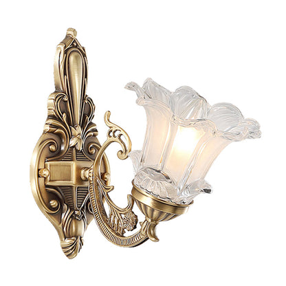 Vivolux | 1/2-Head Floral Wandlamp Vintage Messing Duidelijk Gevlokt Glas Gebogen Arm Wandlamp Verlichting voor Woonkamer