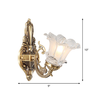 Vivolux | 1/2-Head Floral Wandlamp Vintage Messing Duidelijk Gevlokt Glas Gebogen Arm Wandlamp Verlichting voor Woonkamer