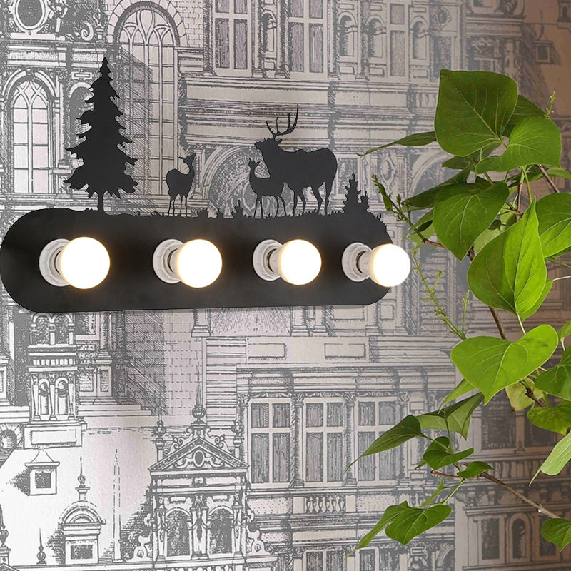 Vivolux | Lodge Open Bulb Wandlamp met Elkhert/Paard/Schaap/Berg/Windmolen/Boom Ontwerp 4 Gloeilampen Metalen Wandlamp in Zwart voor Binnen