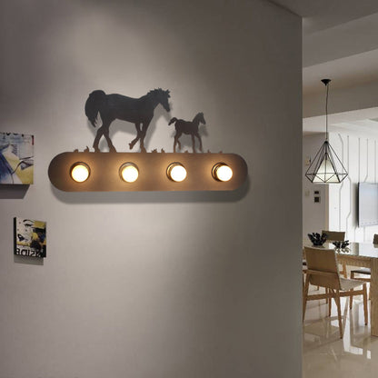 Vivolux | Lodge Open Bulb Wandlamp met Elkhert/Paard/Schaap/Berg/Windmolen/Boom Ontwerp 4 Gloeilampen Metalen Wandlamp in Zwart voor Binnen