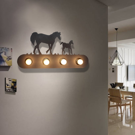 Vivolux | Lodge Open Bulb Wandlamp met Elkhert/Paard/Schaap/Berg/Windmolen/Boom Ontwerp 4 Gloeilampen Metalen Wandlamp in Zwart voor Binnen