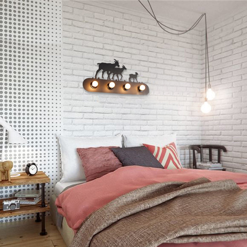 Vivolux | Lodge Open Bulb Wandlamp met Elkhert/Paard/Schaap/Berg/Windmolen/Boom Ontwerp 4 Gloeilampen Metalen Wandlamp in Zwart voor Binnen