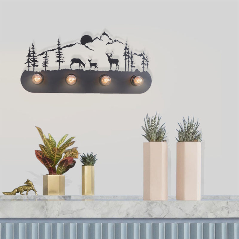 Vivolux | Lodge Open Bulb Wandlamp met Elkhert/Paard/Schaap/Berg/Windmolen/Boom Ontwerp 4 Gloeilampen Metalen Wandlamp in Zwart voor Binnen
