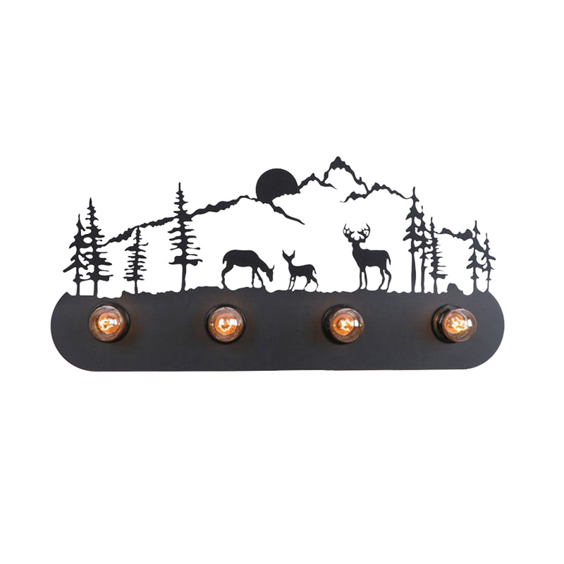 Vivolux | Lodge Open Bulb Wandlamp met Elkhert/Paard/Schaap/Berg/Windmolen/Boom Ontwerp 4 Gloeilampen Metalen Wandlamp in Zwart voor Binnen