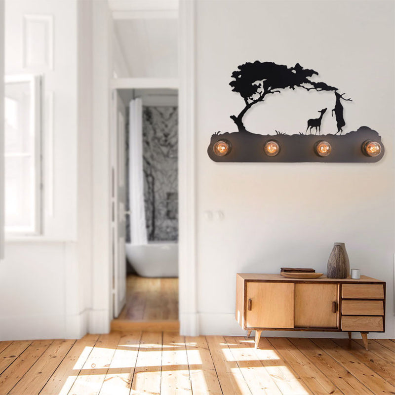 Vivolux | Lodge Open Bulb Wandlamp met Elkhert/Paard/Schaap/Berg/Windmolen/Boom Ontwerp 4 Gloeilampen Metalen Wandlamp in Zwart voor Binnen