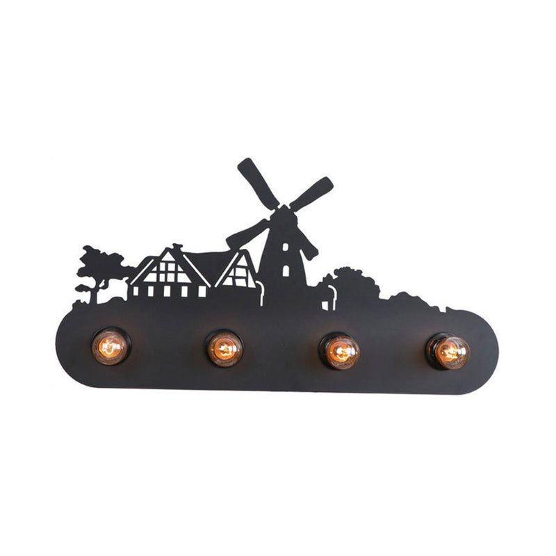 Vivolux | Lodge Open Bulb Wandlamp met Elkhert/Paard/Schaap/Berg/Windmolen/Boom Ontwerp 4 Gloeilampen Metalen Wandlamp in Zwart voor Binnen