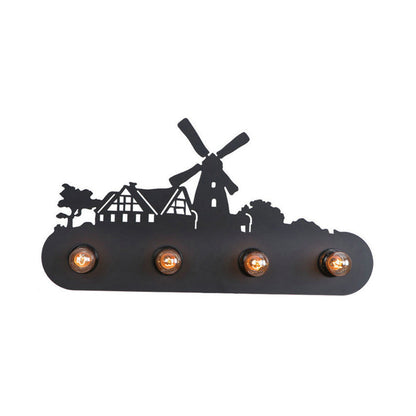 Vivolux | Lodge Open Bulb Wandlamp met Elkhert/Paard/Schaap/Berg/Windmolen/Boom Ontwerp 4 Gloeilampen Metalen Wandlamp in Zwart voor Binnen