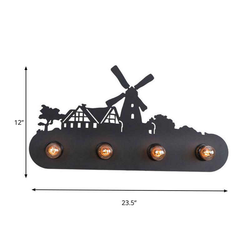 Vivolux | Lodge Open Bulb Wandlamp met Elkhert/Paard/Schaap/Berg/Windmolen/Boom Ontwerp 4 Gloeilampen Metalen Wandlamp in Zwart voor Binnen