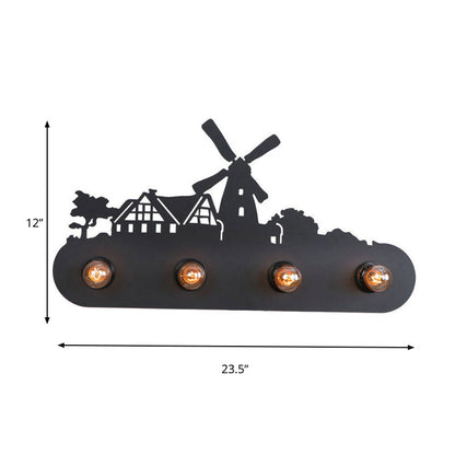 Vivolux | Lodge Open Bulb Wandlamp met Elkhert/Paard/Schaap/Berg/Windmolen/Boom Ontwerp 4 Gloeilampen Metalen Wandlamp in Zwart voor Binnen
