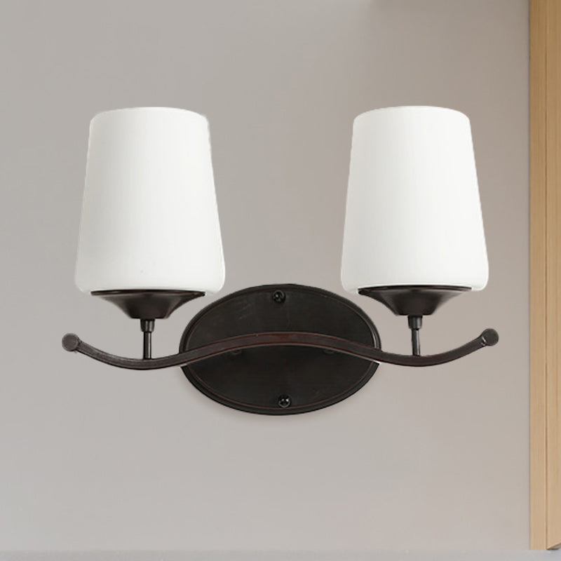 Vivolux | 2/3-Lampe Elfenbein Glas Vanity Beleuchtung Traditionelle schwarze konische Schlafzimmer Wandbeleuchtung mit Eisen Wellenarm