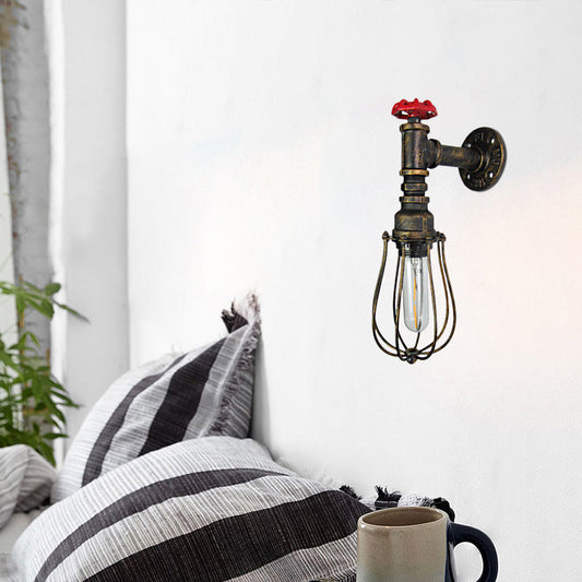 Vivolux | 1 Kopf Glühlampe geformte Wandlampe mit Drahtschutz und rohem Ventil Industrie Antik Messing Eisen Wandmontage Licht