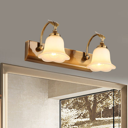 Vivolux | Creme Glas Bloom Bar Licht Kolonial 1/2/3-Kopf Badezimmer Vanity Beleuchtung Fixture in Gold mit Blatt Dekor