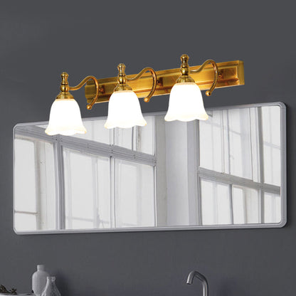 Vivolux | 2/3 Köpfe Wand Vanity Licht Kolonial Badezimmer Wandlampe mit Blumen Opalglas Schirm in Gold