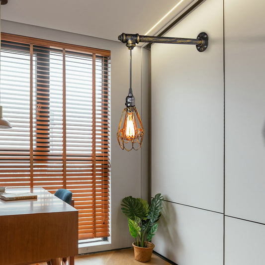 Vivolux | 1 Kopf Eisen Wandlampe Rustikaler Stil Antikes Messing Käfigschatten Esszimmer Wandleuchte mit Rohr