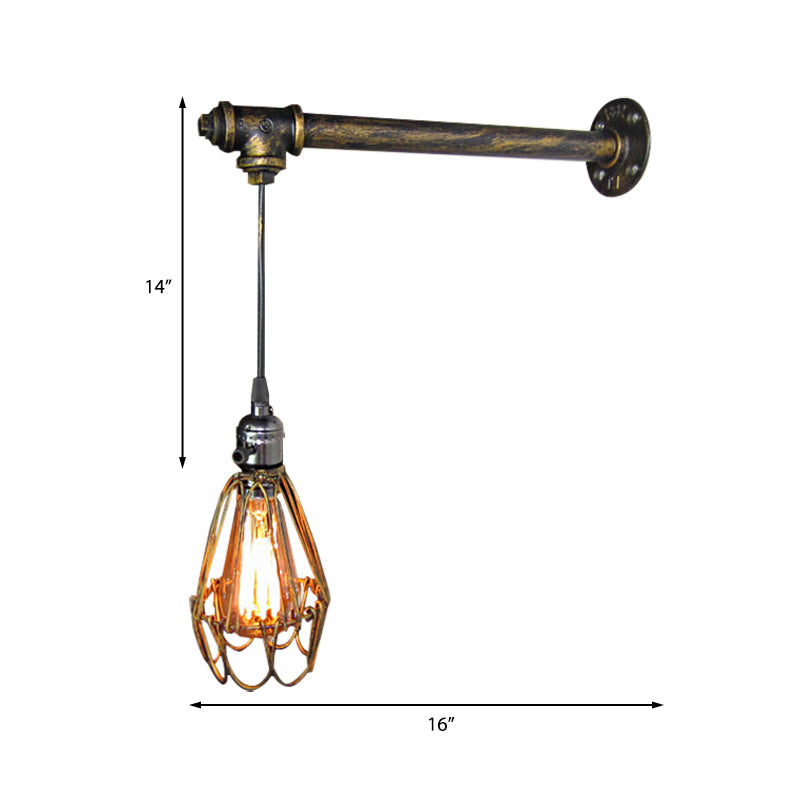 Vivolux | 1 Kopf Eisen Wandlampe Rustikaler Stil Antikes Messing Käfigschatten Esszimmer Wandleuchte mit Rohr