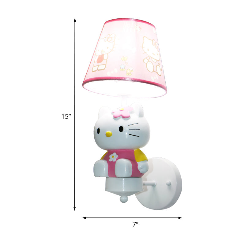 Vivolux | Süße Kitty Mädchenzimmer Wandbeleuchtung Harz Einzel Cartoon Wandleuchte in Pink mit konischem Stoffschirm