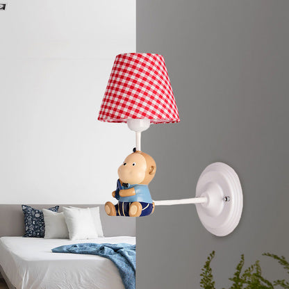 Vivolux | Cone Kids Bedside Wandlamp Geëmonteerd Stof 1 Licht Cartoon Wandlamp Ideeën in Blauw/Rood met Kleine Beer Decor