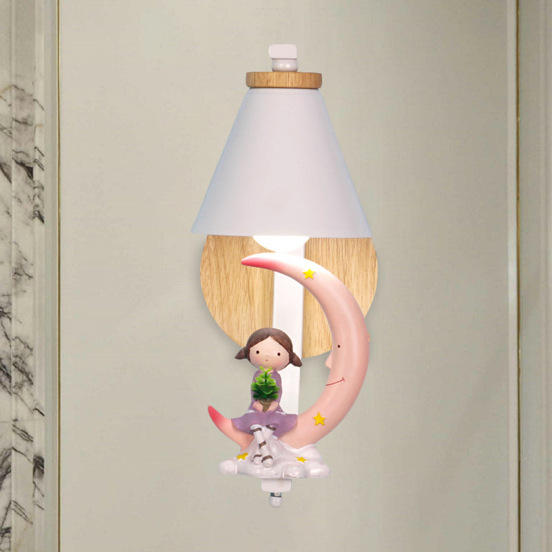 Vivolux | Tapered Iron Wall Mount  Lamp Cartoon 1 Light Pink/Blue und Holz Wandleuchte mit Mond/Porträt Dekor