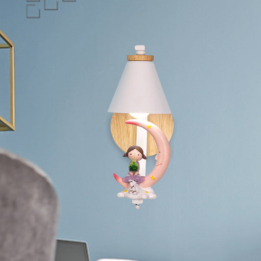 Vivolux | Tapered Iron Wall Mount  Lamp Cartoon 1 Light Pink/Blue und Holz Wandleuchte mit Mond/Porträt Dekor