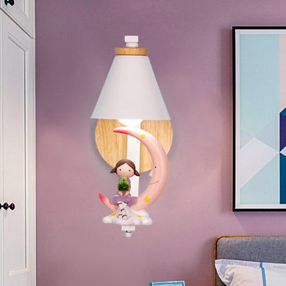 Vivolux | Tapered Iron Wall Mount  Lamp Cartoon 1 Light Pink/Blue und Holz Wandleuchte mit Mond/Porträt Dekor