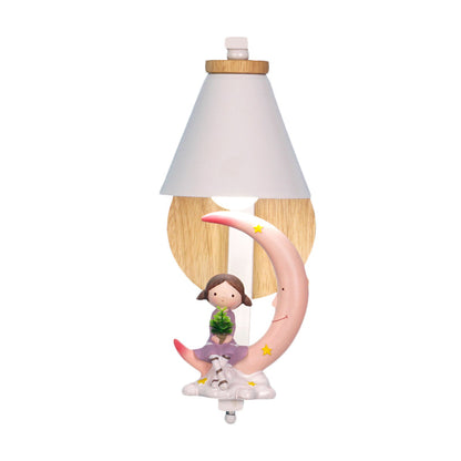 Vivolux | Tapered Iron Wall Mount  Lamp Cartoon 1 Light Pink/Blue und Holz Wandleuchte mit Mond/Porträt Dekor
