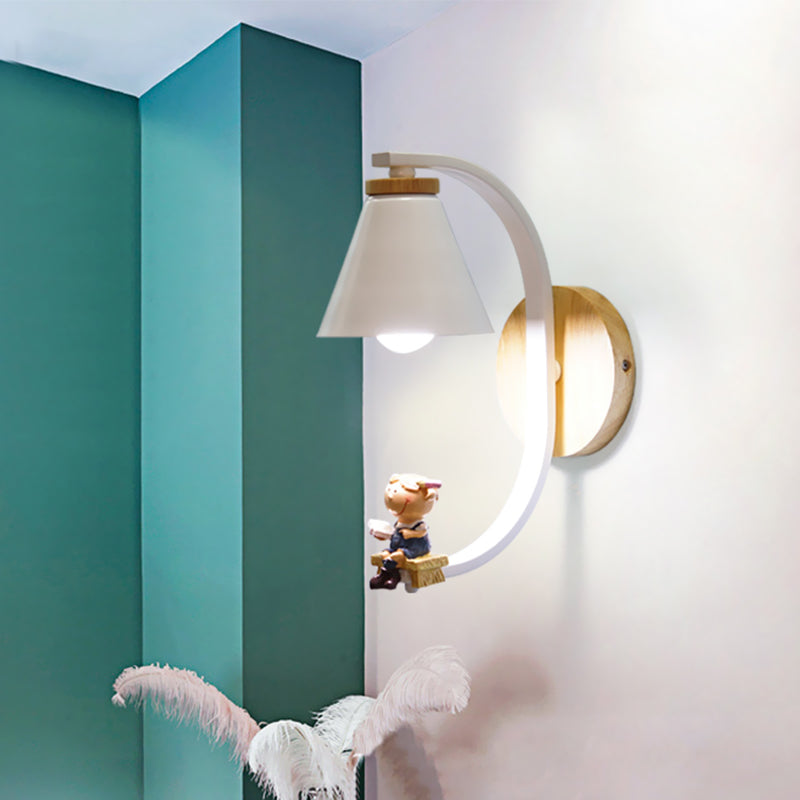 Vivolux | Tapered Iron Wall Mount  Lamp Cartoon 1 Light Pink/Blue und Holz Wandleuchte mit Mond/Porträt Dekor