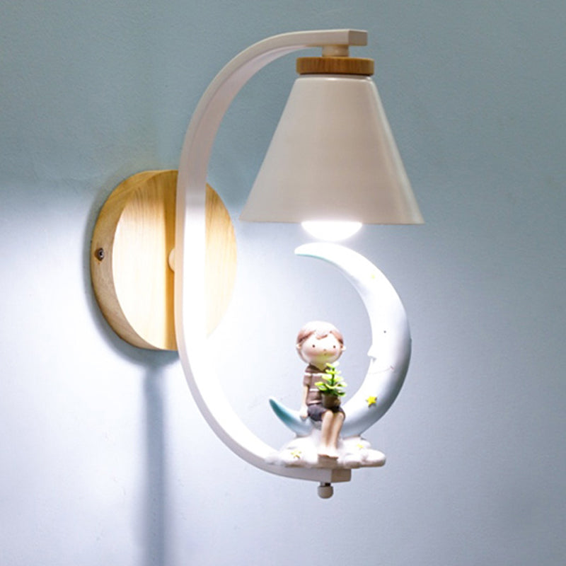 Vivolux | Tapered Iron Wall Mount  Lamp Cartoon 1 Light Pink/Blue und Holz Wandleuchte mit Mond/Porträt Dekor