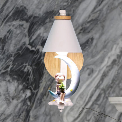 Vivolux | Tapered Iron Wall Mount  Lamp Cartoon 1 Light Pink/Blue und Holz Wandleuchte mit Mond/Porträt Dekor