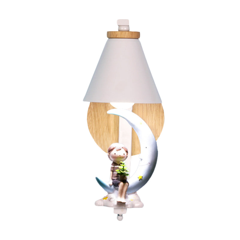 Vivolux | Tapered Iron Wall Mount  Lamp Cartoon 1 Light Pink/Blue und Holz Wandleuchte mit Mond/Porträt Dekor