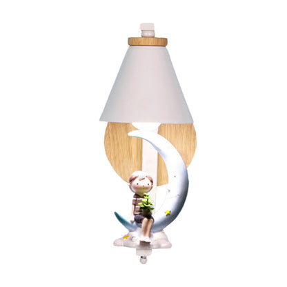 Vivolux | Tapered Iron Wall Mount  Lamp Cartoon 1 Light Pink/Blue und Holz Wandleuchte mit Mond/Porträt Dekor