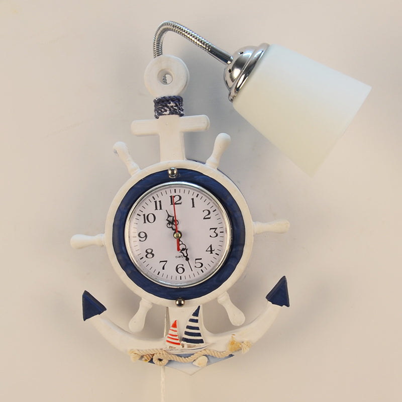 Vivolux | Kinder 1 Glühbirnen Wandleuchte Holz Weiß-Blau Flexible Gooseneck Wandleuchte mit Glasschirm und Uhr-Ruder Dekoration