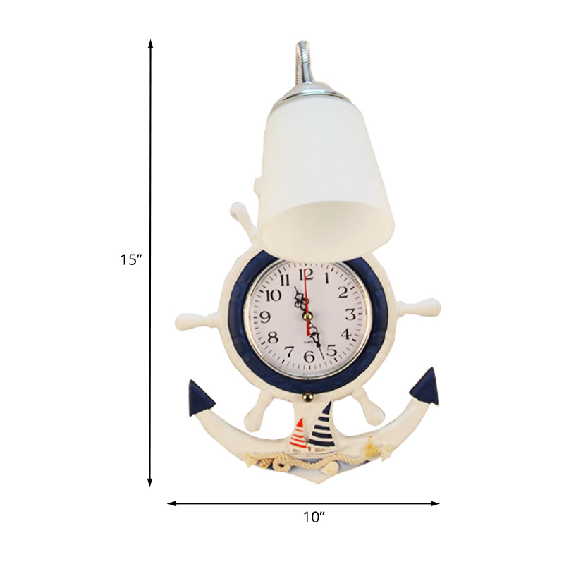 Vivolux | Kinder 1 Glühbirnen Wandleuchte Holz Weiß-Blau Flexible Gooseneck Wandleuchte mit Glasschirm und Uhr-Ruder Dekoration