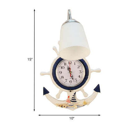 Vivolux | Kinder 1 Glühbirnen Wandleuchte Holz Weiß-Blau Flexible Gooseneck Wandleuchte mit Glasschirm und Uhr-Ruder Dekoration