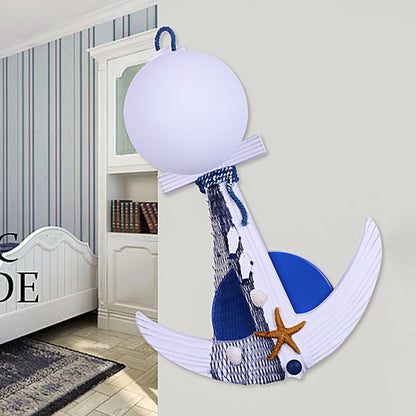 Vivolux | Anker Wandlamp Kinderen Hout Enkel Wit-Blauw Wandverlichting met Glazen Lampenkap en Stranddetail