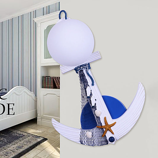 Vivolux | Anker Wandlamp Kinderen Hout Enkel Wit-Blauw Wandverlichting met Glazen Lampenkap en Stranddetail