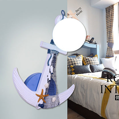 Vivolux | Anker Wandlamp Kinderen Hout Enkel Wit-Blauw Wandverlichting met Glazen Lampenkap en Stranddetail