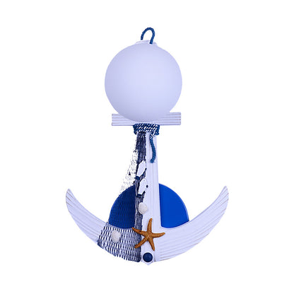 Vivolux | Anker Wandlamp Kinderen Hout Enkel Wit-Blauw Wandverlichting met Glazen Lampenkap en Stranddetail