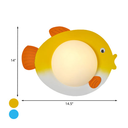 Vivolux | Frosted White Glass Mini Sphere Sconce Kids Blue/Yellow LED Wand Lichtarmatur mit Fish Backplate, Warm/Weiß Licht