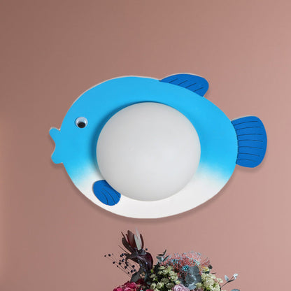 Vivolux | Frosted White Glass Mini Sphere Sconce Kids Blue/Yellow LED Wand Lichtarmatur mit Fish Backplate, Warm/Weiß Licht
