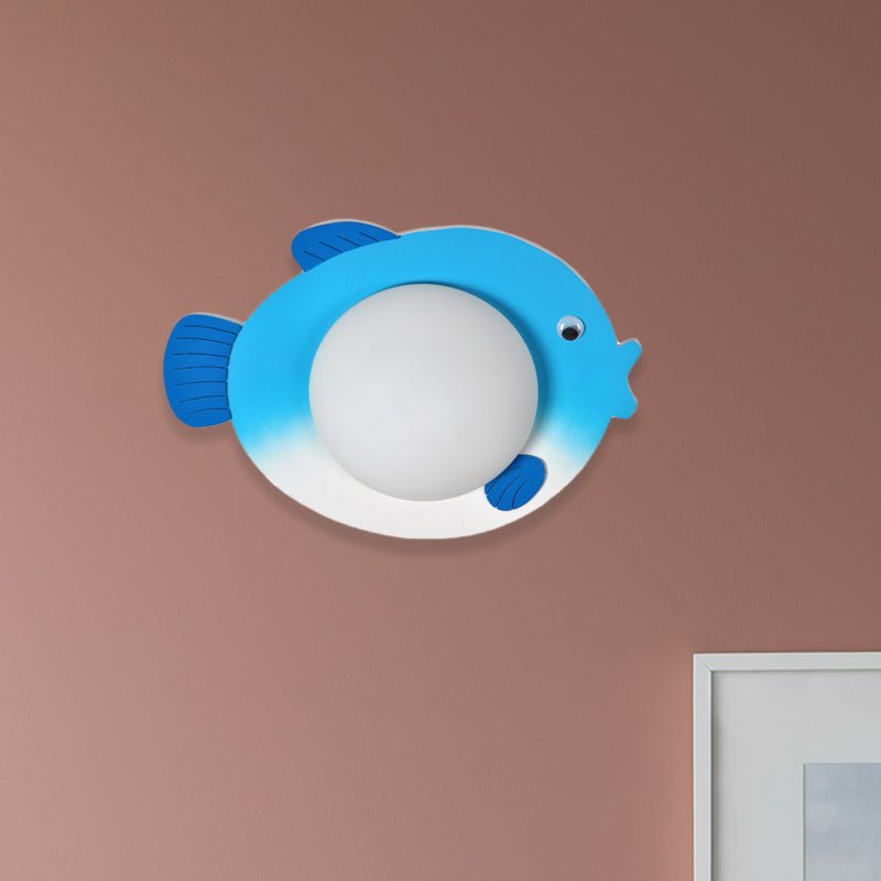 Vivolux | Frosted White Glass Mini Sphere Sconce Kids Blue/Yellow LED Wand Lichtarmatur mit Fish Backplate, Warm/Weiß Licht