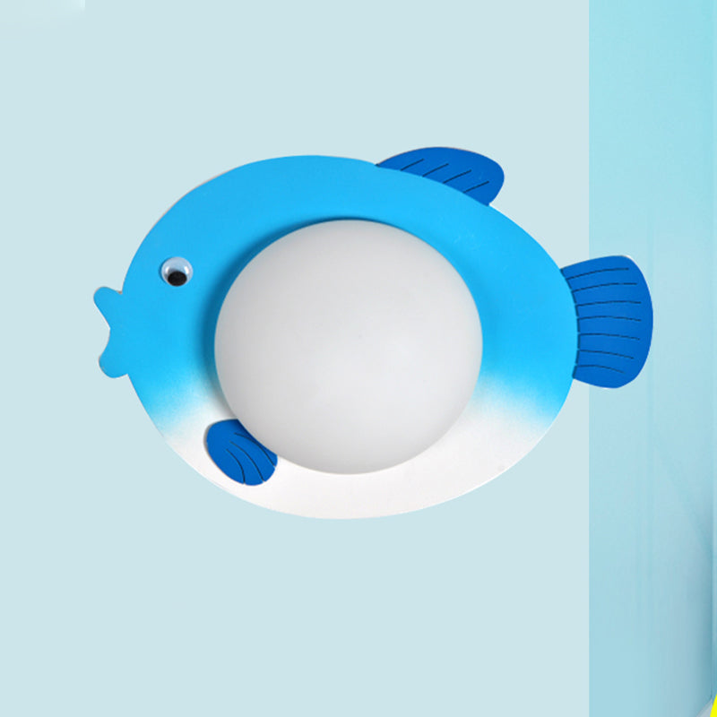 Vivolux | Frosted White Glass Mini Sphere Sconce Kids Blue/Yellow LED Wand Lichtarmatur mit Fish Backplate, Warm/Weiß Licht