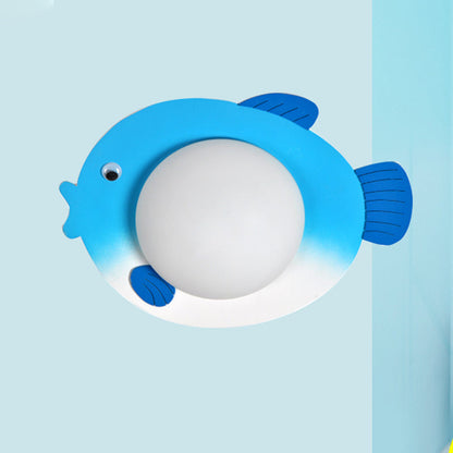 Vivolux | Frosted White Glass Mini Sphere Sconce Kids Blue/Yellow LED Wand Lichtarmatur mit Fish Backplate, Warm/Weiß Licht
