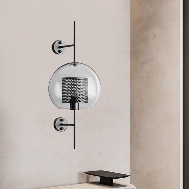 Vivolux | 8"/9.5" W Globale Schlafzimmer Wandleuchte Kolonial Klarglas 1 Licht Bronze/Silber Grau Wandlampe mit innerem Zylinder-Drahtgeflecht