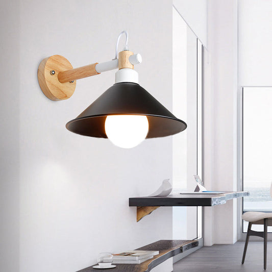 Vivolux | 1 Kopf konische Wandlampe Licht Nordic Stil Schwarz Metallische Wandbeleuchtung mit Holzrückwand