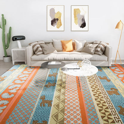 Vivolux | Wohnzimmer Rustikales Orange Teppich Gestreift Paisley Teppich mit Tier Polyester Haustierfreundlich Fleckenresistent Bereich Teppich