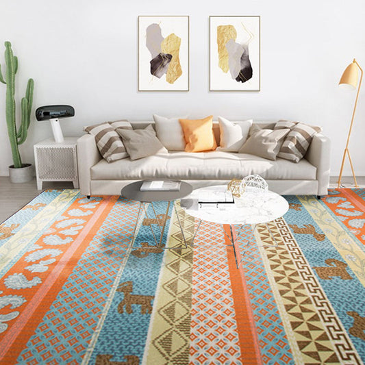 Vivolux | Wohnzimmer Rustikales Orange Teppich Gestreift Paisley Teppich mit Tier Polyester Haustierfreundlich Fleckenresistent Bereich Teppich